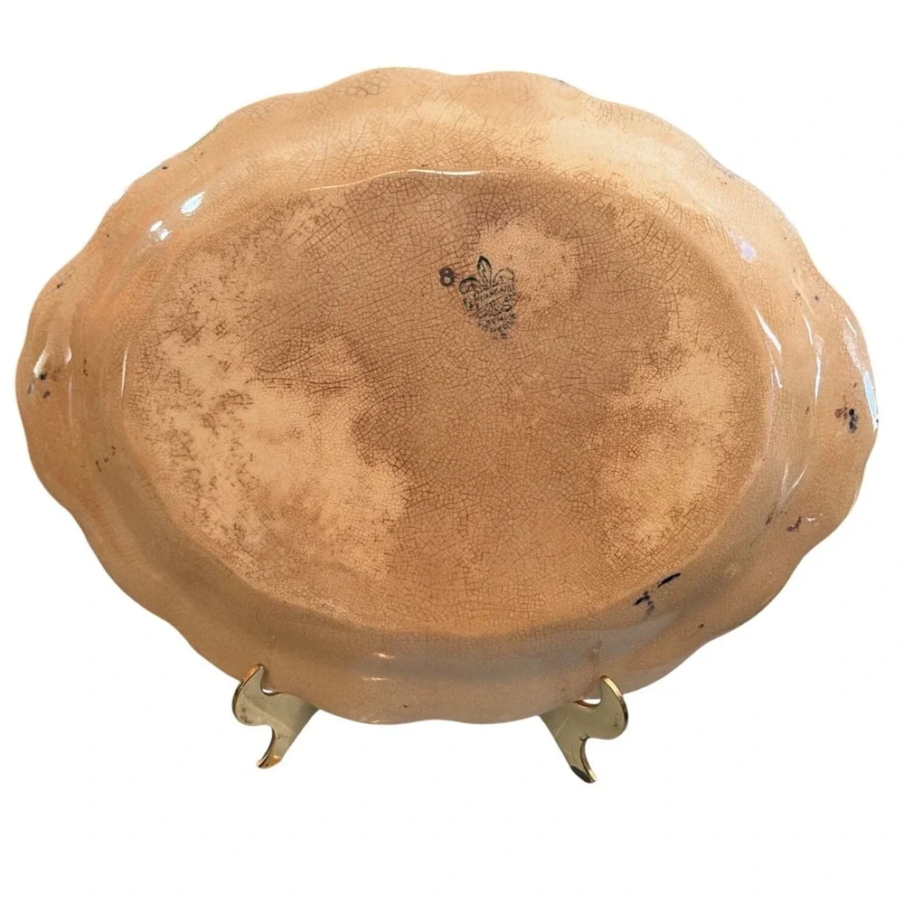 Antique Wood & Son Flow Blue Oval Platter‎ Ducks Gold & Scalloped Edge 15.5
